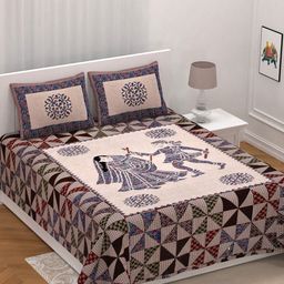 UNIQCHOICE Cream-Coloured Printed Pure Cotton 210 TC King Bedsheet & 2 Pillow Covers-12