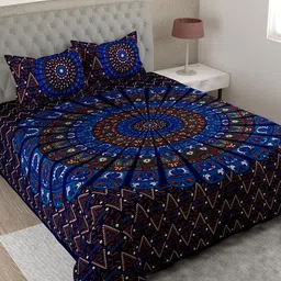 UNIQCHOICE Blue & Navy Blue Printed Cotton 144 TC King Bedsheet with 2 Pillow Covers-picture-8