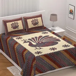 UNIQCHOICE Cream-Coloured Ethnic Motifs Pure Cotton 210 TC King Bedsheet & 2 Pillow Covers-13