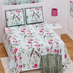UNIQCHOICE Sea Green & Pink Floral Pure Cotton 180 TC King Bedsheet with 2 Pillow Covers-picture-4
