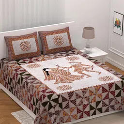 UNIQCHOICE Peach-Coloured & White Printed Pire Cotton 210 TC King Bedsheet & Pillow Covers-4