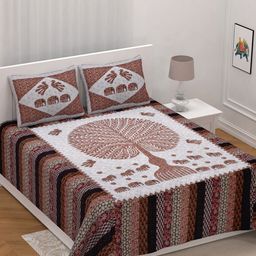 UNIQCHOICE Grey & Brown Ethnic Motifs Pure Cotton 210 TC King Bedsheet & 2 Pillow Covers-picture-19