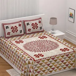UNIQCHOICE Maroon & White Geometric Pure Cotton 210 TC King Bedsheet With 2 Pillow Covers-24