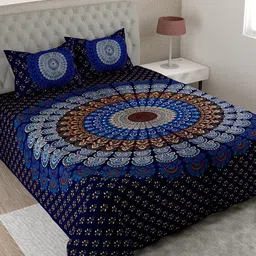 UNIQCHOICE Blue & Red Ethnic Motifs Cotton 144 TC King Bedsheet With 2 Pillow Covers-picture-16