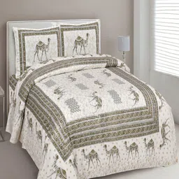 UNIQCHOICE Grey & Olive Green Printed Cotton 180 TC King Bedsheet with 2 Pillow Covers-0