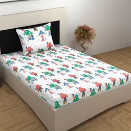 Divine Casa White & Green Geometric 144 TC Single Bedsheet with 1 Pillow Covers-image-81