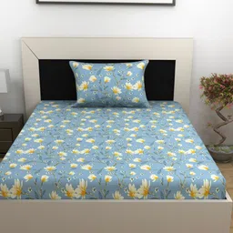Divine Casa Blue & White Floral 144 TC Single Bedsheet with 1 Pillow Covers-image-28