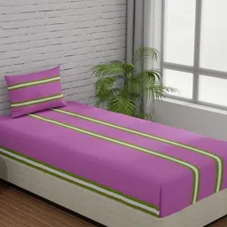 Huesland Pink & Green Striped 144 TC Cotton Single Bedsheet With 1 Pillow Cover-image-68
