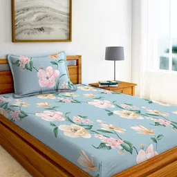 AEROHAVEN Yamuna Blue & Pink Floral Printed 240 TC Cotton Single Bedsheet & 1 Pillow Cover-image-80