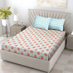 Aura Sea Green & Orange Floral 120 TC Cotton Queen Bedsheet With 2 Pillow Covers-image-15