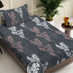 FABINALIV Grey Floral Printed 300 TC Wool Single Bedsheet Set 2.2 m x 1.5 m-picture-19