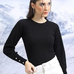 Tokyo Talkies Black Ribbed Long Sleeves Acrylic Fitted Pullover Sweater-image-85