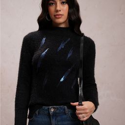 Tokyo Talkies Black Embellished High Neck Acrylic Pullover-image-31