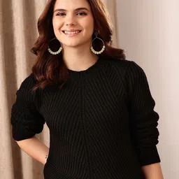 STREET 9 Black Ribbed Acrylic Pullover Sweater-image-89