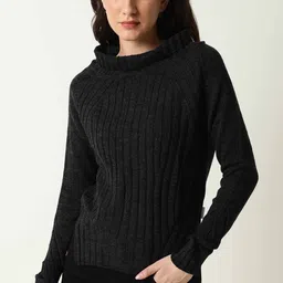 RAREISM Women Black Ribbed Pullover-image-54