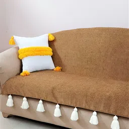 THROWPILLOW Camel Brown & White Anti Slip Tassels Sofa Cover-image-58