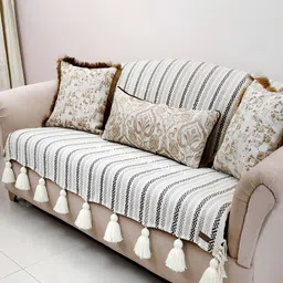THROWPILLOW Off White & Black Anti Slip Tassels Sofa Cover-image-76