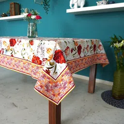 TARA- Sparkling Homes White & Orange Floral Printed Pure Cotton 6 Seater Table Cover-image-59