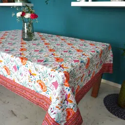 TARA- Sparkling Homes White & Peach-Coloured Printed Pure Cotton 6 Seater Table Cover-4