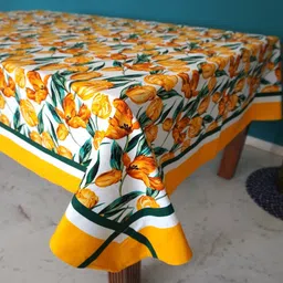 TARA- Sparkling Homes White & Yellow Floral Printed Pure Cotton 6 Seater Table Cover-14