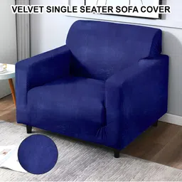 Cortina Navy Blue Velvet Stretchable One Seater Sofa Cover With Arms-image-47