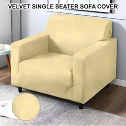 Cortina Cream-Coloured Velvet Stretchable One Seater Sofa Cover With Arms-image-48