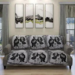 ROMEE Off White & Black 6 Pieces Floral Printed 5-Seater Velvet Sofa Cover-image-52