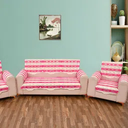 BIGGER FISH Pink & Cream Embroidered 5 Seater Sofa Cover-image-28