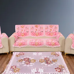 BIGGER FISH Pink and White 16 Pieces Self Design Sofa Covers-picture-3