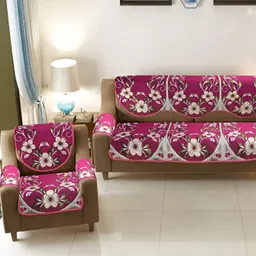 BIGGER FISH Pink & Cream Embroidered 5 Seater Sofa Cover-image-22