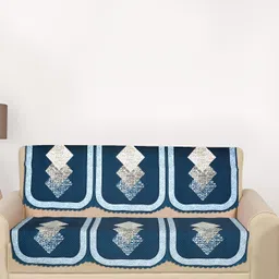 RRC Cream-Coloured & Blue 6 Pieces Printed Velvet Sofa Cover-3