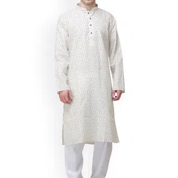 Exotic India Mandarin Collar Floral Printed Regular Pure Cotton Kurta with Pyjamas-picture-21