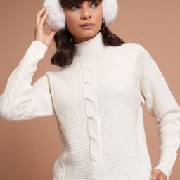 Tokyo Talkies White Cable Knit Self Design Turtle Neck Acrylic Pullover Sweater-image-68