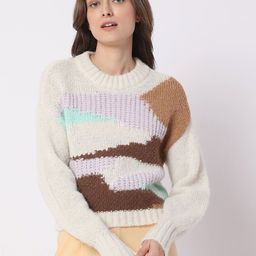 Vero Moda Women Off White & Brown Colourblocked Pullover-image-17