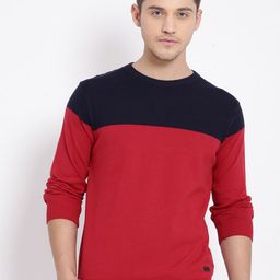 t-base Men Red & Navy Blue Colourblocked Cotton Pullover-image-77