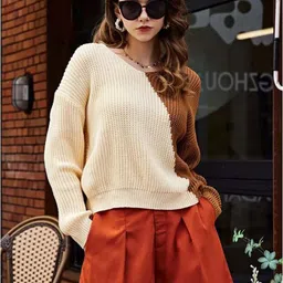 StyleCast Brown Colourblocked V-Neck Long Sleeves Acrylic Pullover Sweater-picture-28