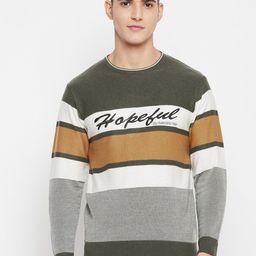Duke Men Grey & Navy Blue Striped Pullover-image-67