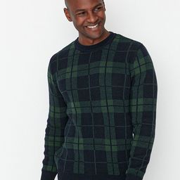 Trendyol Men Navy Blue & Green Checked Pullover-image-16