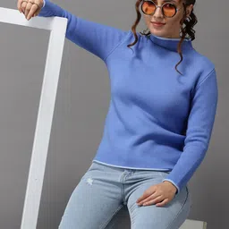 SHOWOFF Women Blue High Neck Acrylic Pullover-picture-41