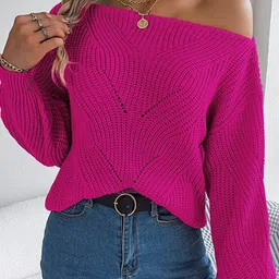 StyleCast Fuchsia Cable Knit Off shoulder Acrylic Sweater-image-19