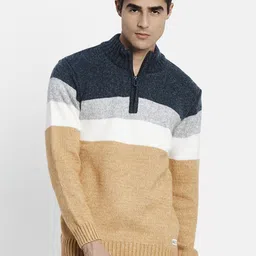 METTLE Men Mustard & Navy Blue Striped Colourblocked Pullover-image-35