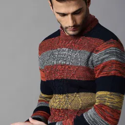 RARE RABBIT Men Grind Slim Fit Cable Knit Striped Sweater-image-26