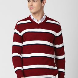 Peter England Casuals Men Maroon & White Striped Pullover-picture-5