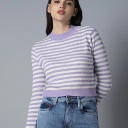 High Star Striped Round Neck Long Sleeve Acrylic Crop Pullover Sweaters-picture-10