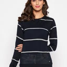 Crozo By Cantabil Women Acrylic Navy Blue & Grey Striped Pullover-picture-48