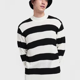 Bewakoof Men Black & White Striped Oversized Sweater-image-74