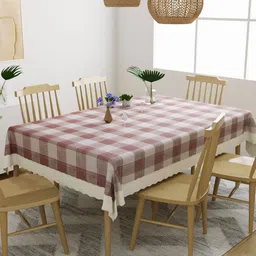 DREAM WEAVERZ Cream & Brown Checked 6-Seater Table Cover-20
