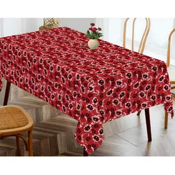 OASIS Red & White Floral Printed Cotton Rectangular Shaped 4 Seater Table Cover-0