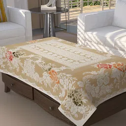 BIGGER FISH Beige & Off White Floral Rectangular Cotton 4-Seater Table Cover-image-21