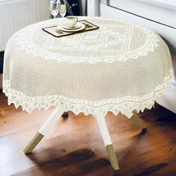 BIGGER FISH Beige & White Cotton 4 Seater Table Cover-48